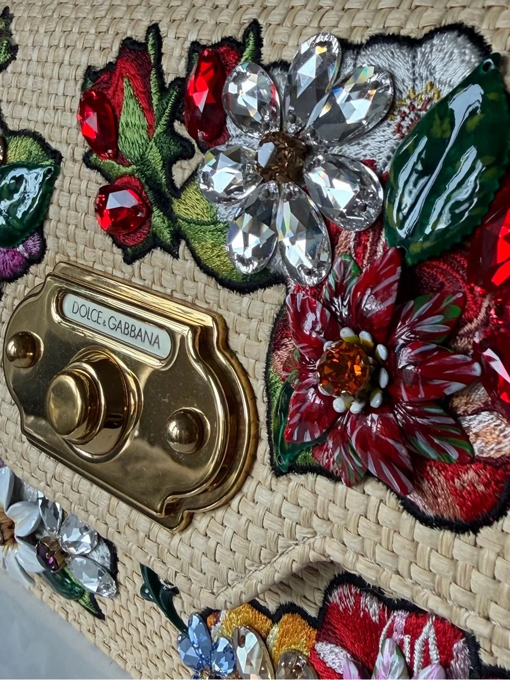Dolce & Gabbana Welcome Raffia Floral Crystal Jewel Handbag